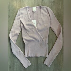 Pink Rose Shimmery Lilac Ribbed Wrap Long Sleeve Top – Size Small (NWT)